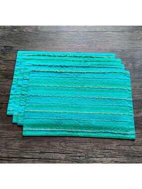 Set Of 4 Turquoise Fabric Placemats w Yellow Stitching Cotton Textured Striped
